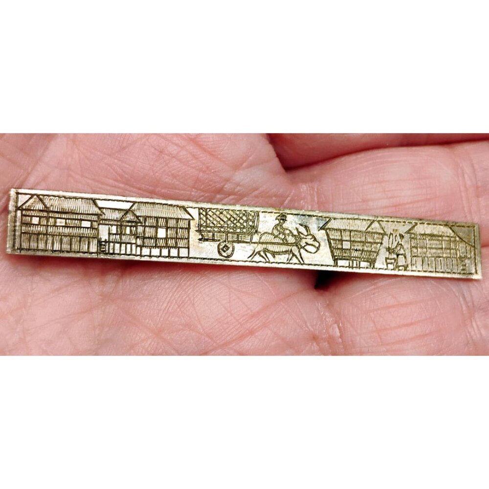 Antique Primitive Engravd SE Asia Folk Art Metal Bar Brooch Handmade Stilt House